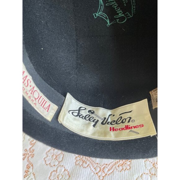 Vintage 1940s Black Felt Bowler Hat With Studded Ribbon Band - Picture 8 of 16